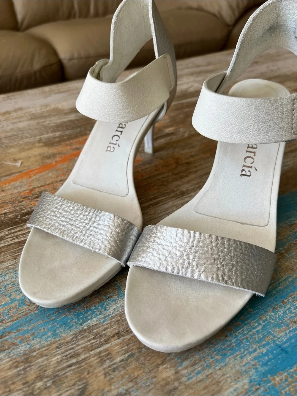 Pedro Garcia Silver and Cream Two-Strap Heeled Sandal Size 40.5/10 1/2